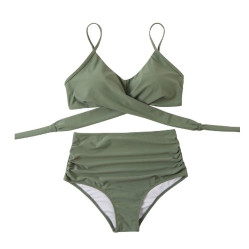 New! ✨ Army Green Push-Up Wrap Around High-Waisted Tummy Control 2 Piece Bikini